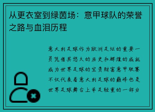 从更衣室到绿茵场：意甲球队的荣誉之路与血泪历程