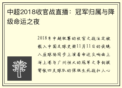 中超2018收官战直播：冠军归属与降级命运之夜