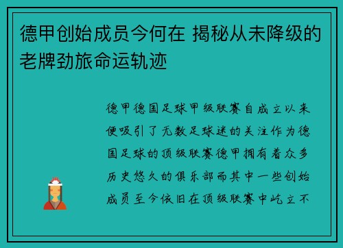 德甲创始成员今何在 揭秘从未降级的老牌劲旅命运轨迹