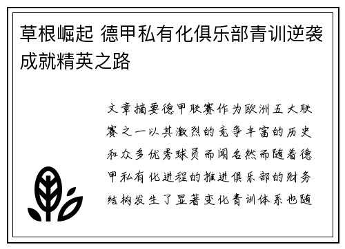 草根崛起 德甲私有化俱乐部青训逆袭成就精英之路